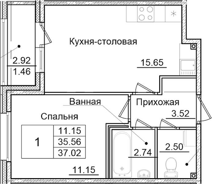 1-комнатная квартира 37.02 м², 2/9 эт., ЖК «Квартал Заречье»